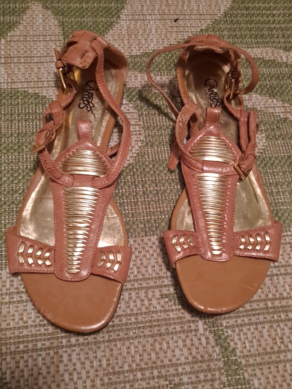 Carlos Santana Brown Leather T-Strap Sandals with Gold And Silver Accents